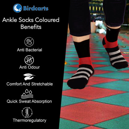 3 Pairs Ankle Socks - Coloured (Black Red, Black Grey & Navy Blue White)