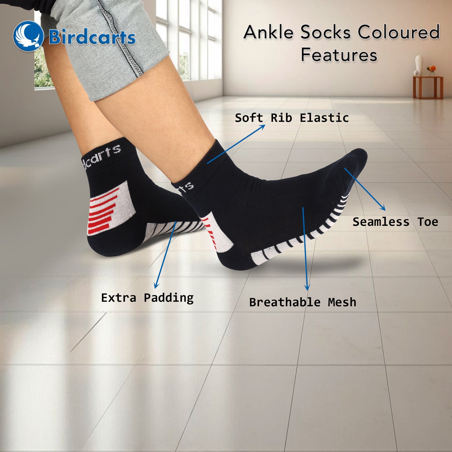 3 Pairs Ankle Socks - Coloured (Black Red, Black Grey & Navy Blue White)