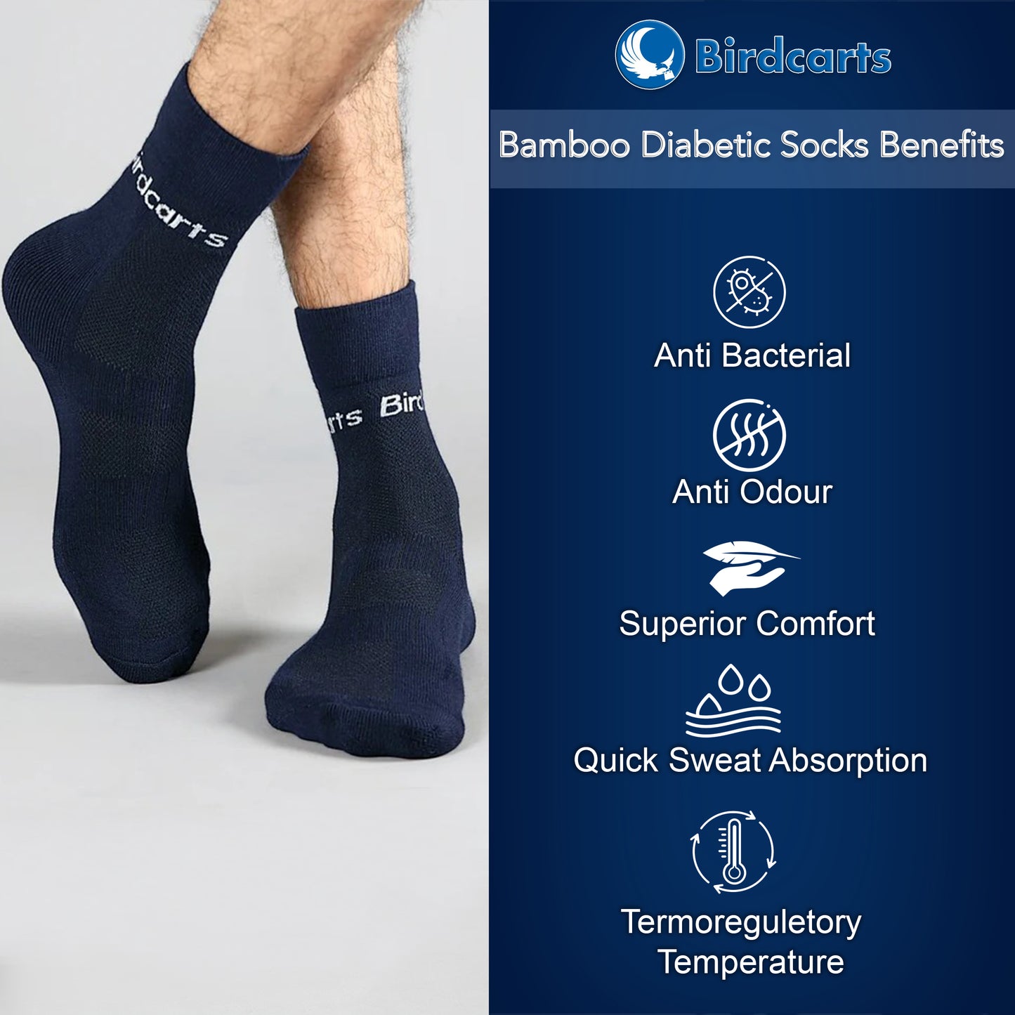 2 Pairs Bamboo Diabetic Socks -  (Black & Navy Blue)