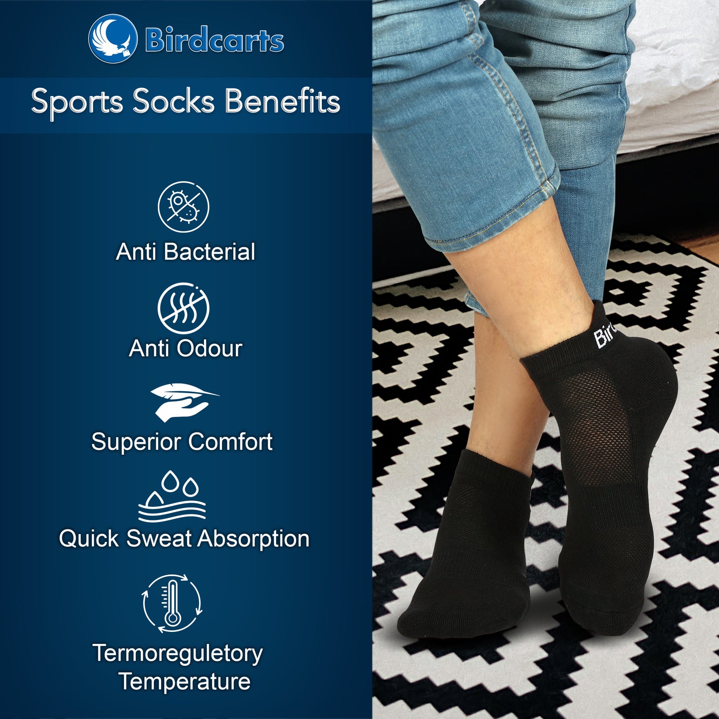 5 Pairs Sports Socks (Black,Navy Blue,White,Grey & Dark Grey)